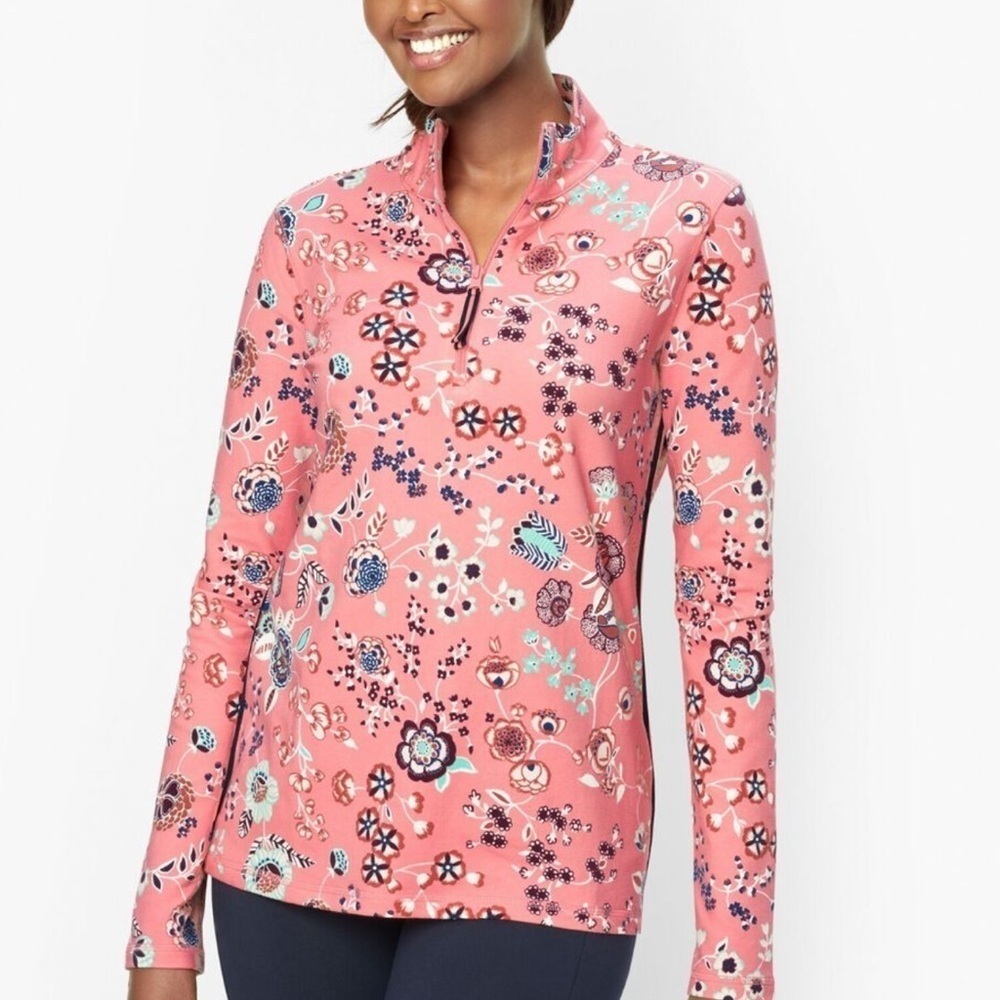 Talbots Pink Graphic Fitted Long Sleeve Polo
